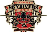 Logo for Midwest Skydivers Reunion featuring a stylized airplane and skydivers in formation against a red and tan background, with banners and stars. Includes text listing Michigan, Wisconsin, Illinois, Indiana, and Ohio.