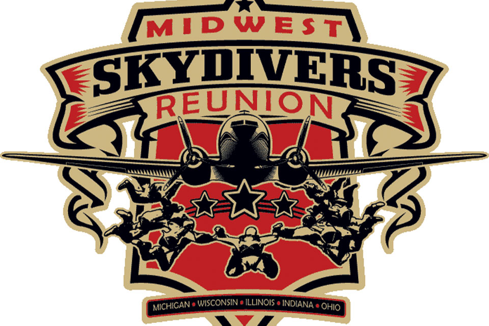 Logo for Midwest Skydivers Reunion featuring a stylized airplane and skydivers in formation against a red and tan background, with banners and stars. Includes text listing Michigan, Wisconsin, Illinois, Indiana, and Ohio.