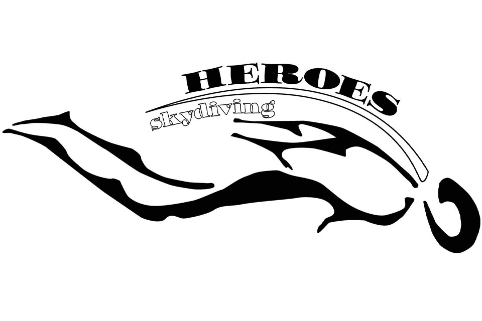 Silhouette of a skydiver in freefall with stylized text above reading "HEROES skydiving" in bold letters, accompanied by a parachute graphic.