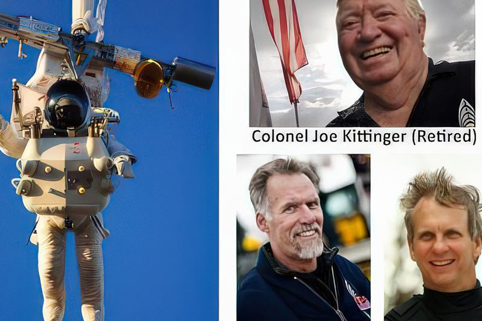 A skydiver in a specialized suit hangs from a large helium balloon against a clear blue sky. The right side shows three photos: a smiling man labeled Colonel Joe Kittinger (Retired), and two other men below him, both smiling.