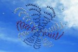 A large group of skydivers forms an intricate, symmetrical pattern in the sky against a backdrop of blue and white clouds, creating a visually striking, floral design. Each section of the formation features different colors.