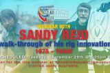 Promotional image for a webinar with Sandy Reid, showcasing a walk-through of his skydiving rig innovations from 1975 to today. Scheduled for Tuesday, September 29th at 8:00 PM ET. Includes background photos of men and skydiving gear.