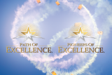 Aerial display in the sky with parachutists creating heart shapes using smoke trails. Two logos overlay the image, reading "Path of Excellence" and "Pioneers of Excellence," each with a starburst design.