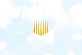 Yellow, vertical, spike-like shapes form a symmetrical design against a background of soft, white clouds on a light blue sky.