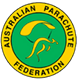 Logo of the Australian Parachute Federation featuring a stylized kangaroo with a parachute against a green background, encircled by a yellow border with the organization's name.