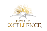 Logo with a gold and silver star, surrounded by radiant lines. Below the star, the words "Path of Excellence" are written in gold capital letters.