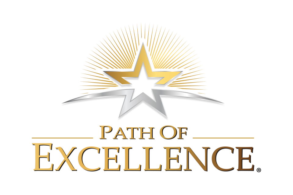 Logo with a gold and silver star, surrounded by radiant lines. Below the star, the words "Path of Excellence" are written in gold capital letters.