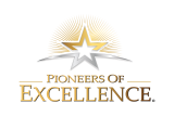 Logo with a gold and silver star surrounded by radiant beams. Beneath, the text reads "Pioneers of Excellence" in elegant gold lettering.