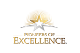 A gold and silver star with radiating lines above the text "Pioneers of Excellence" in bold serif font. The design conveys a theme of achievement and recognition.