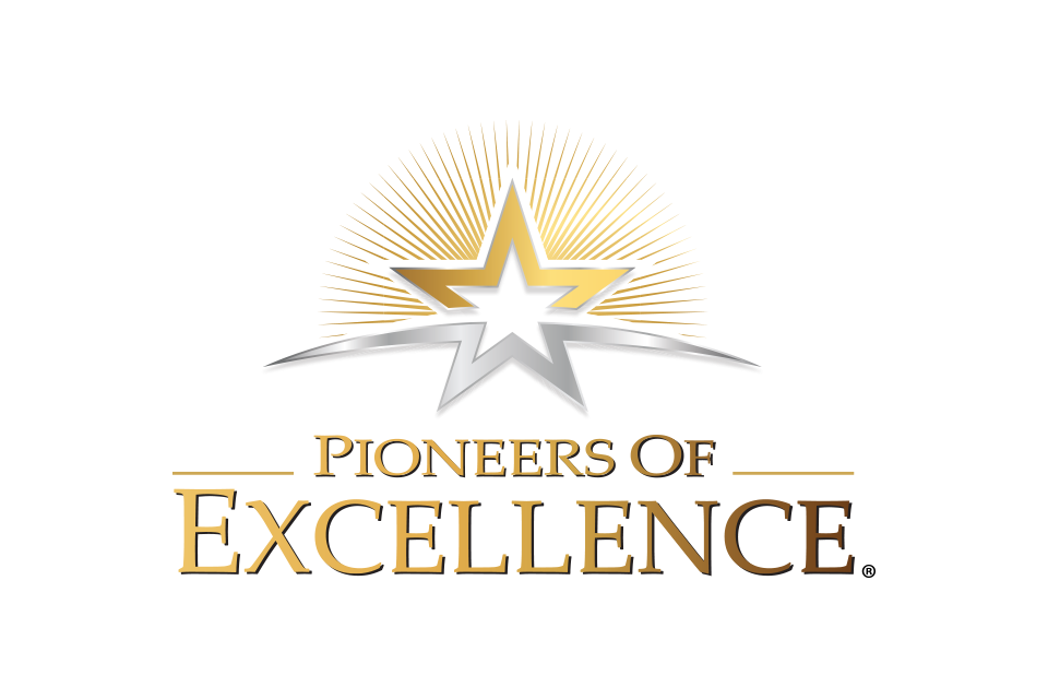 A gold and silver star with radiating lines above the text "Pioneers of Excellence" in bold serif font. The design conveys a theme of achievement and recognition.