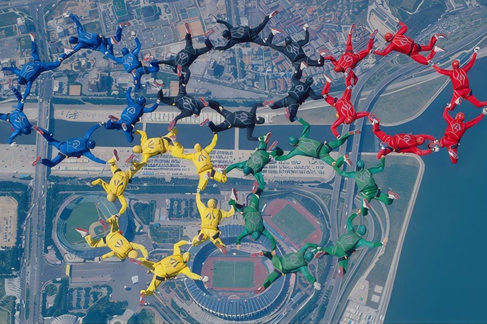 Skydivers in colored suits form Olympic rings in the sky over a cityscape with a stadium and water below. The performers are arranged in blue, black, red, yellow, and green, mimicking the iconic symbol.