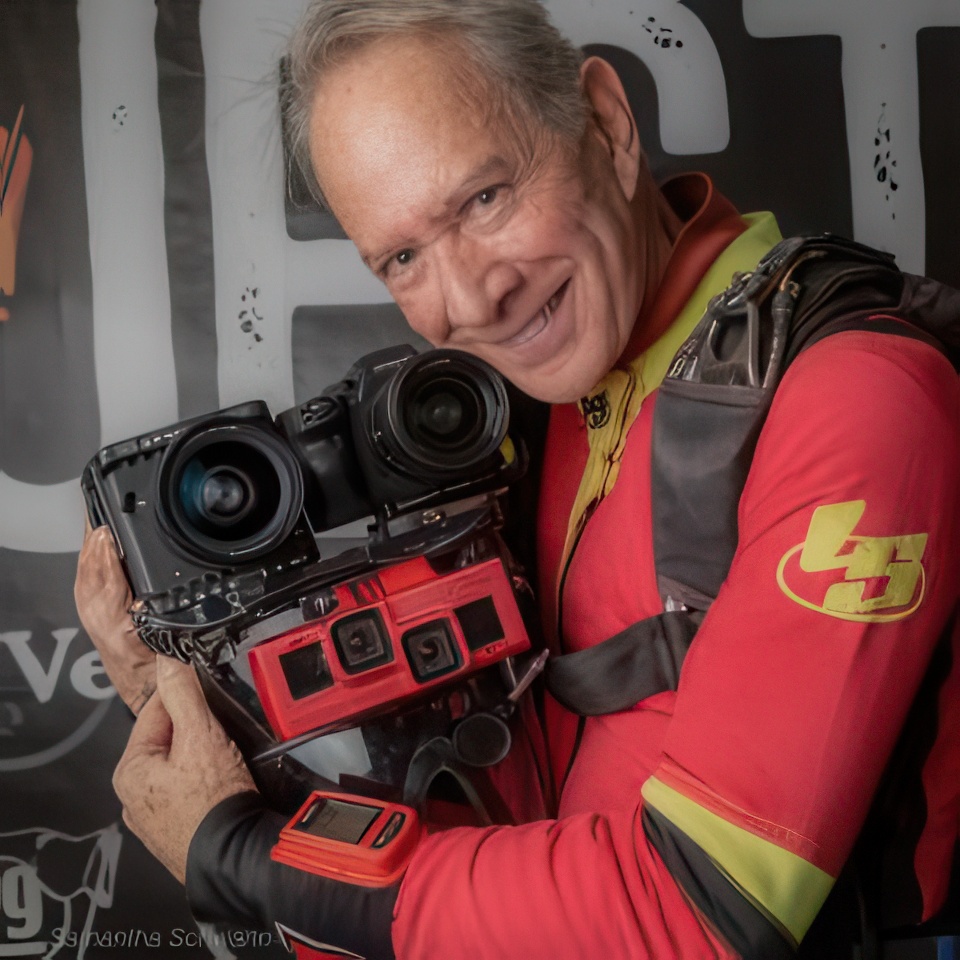 Elderly person smiling, wearing a red jumpsuit and holding a large, complex camera rig with multiple lenses. The background is dark with partial text visible. The person appears content and enthusiastic.