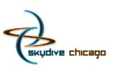 The image shows the Skydive Chicago logo with stylized intersecting curves in blue and brown next to the text "skydive chicago." The design is modern and dynamic, reflecting the skydiving theme.