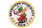 A logo featuring a cartoon Santa Claus skydiving with a green parachute and the word "POPS" on his suit. The text "Skydivers Over Sixty S.O.S." encircles the image, with stars at the bottom.