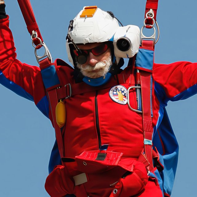 Skydiver in red and blue suit with a white helmet, smiling while descending with a parachute against a clear blue sky. A distinctive patch is visible on the front of the suit.