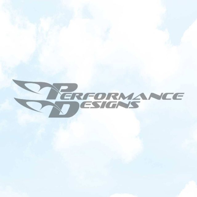 Logo of "Performance Designs" featuring stylized text with wing designs on a cloudy sky background.