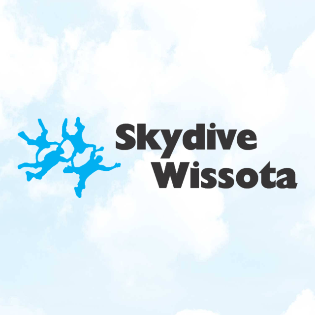 Logo for Skydive Wissota featuring silhouettes of three skydivers in blue alongside the company name. The background is a light, cloudy sky.