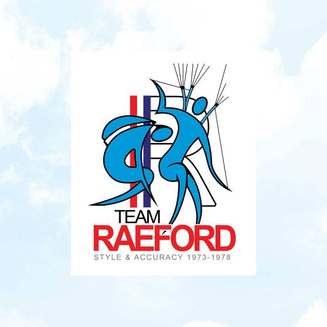 Logo of Team Raeford with abstract figures skydiving, layered over red and blue vertical lines. Text below reads "TEAM RAEFORD" in bold red and "STYLE & ACCURACY 1973-1978" in smaller font. Background is a light blue sky with clouds.