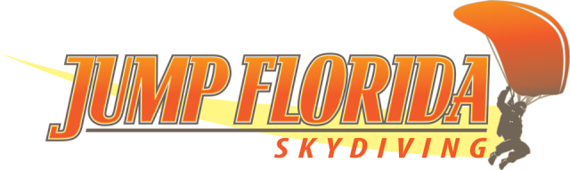 Logo for Jump Florida Skydiving featuring an illustration of a person parachuting with an orange and yellow parachute, next to the bold text "Jump Florida Skydiving" in orange and yellow gradient.